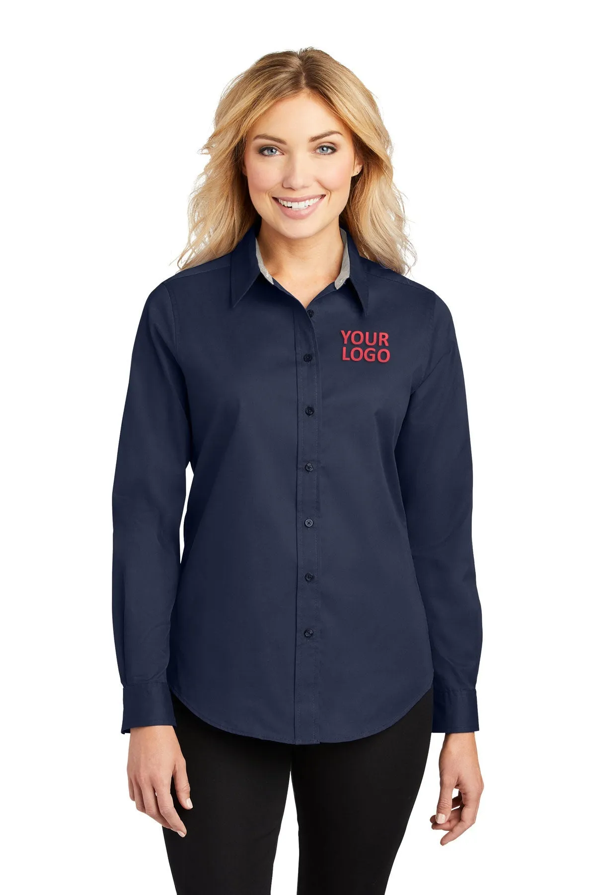 Port Authority Ladies Branded Easy Care Shirts, Navy/Light Stone