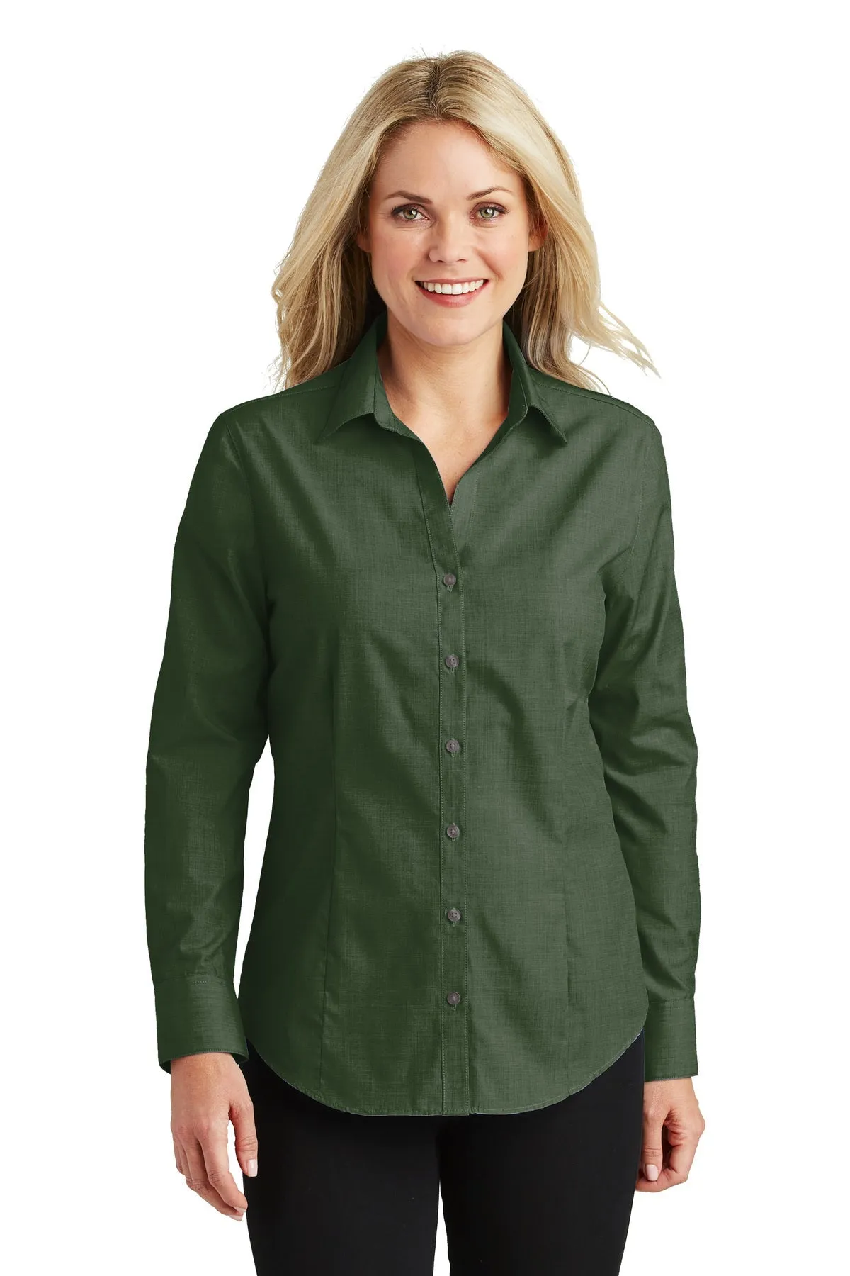 Port Authority Ladies Crosshatch Easy Care Custom Shirts, Dark Cactus Green