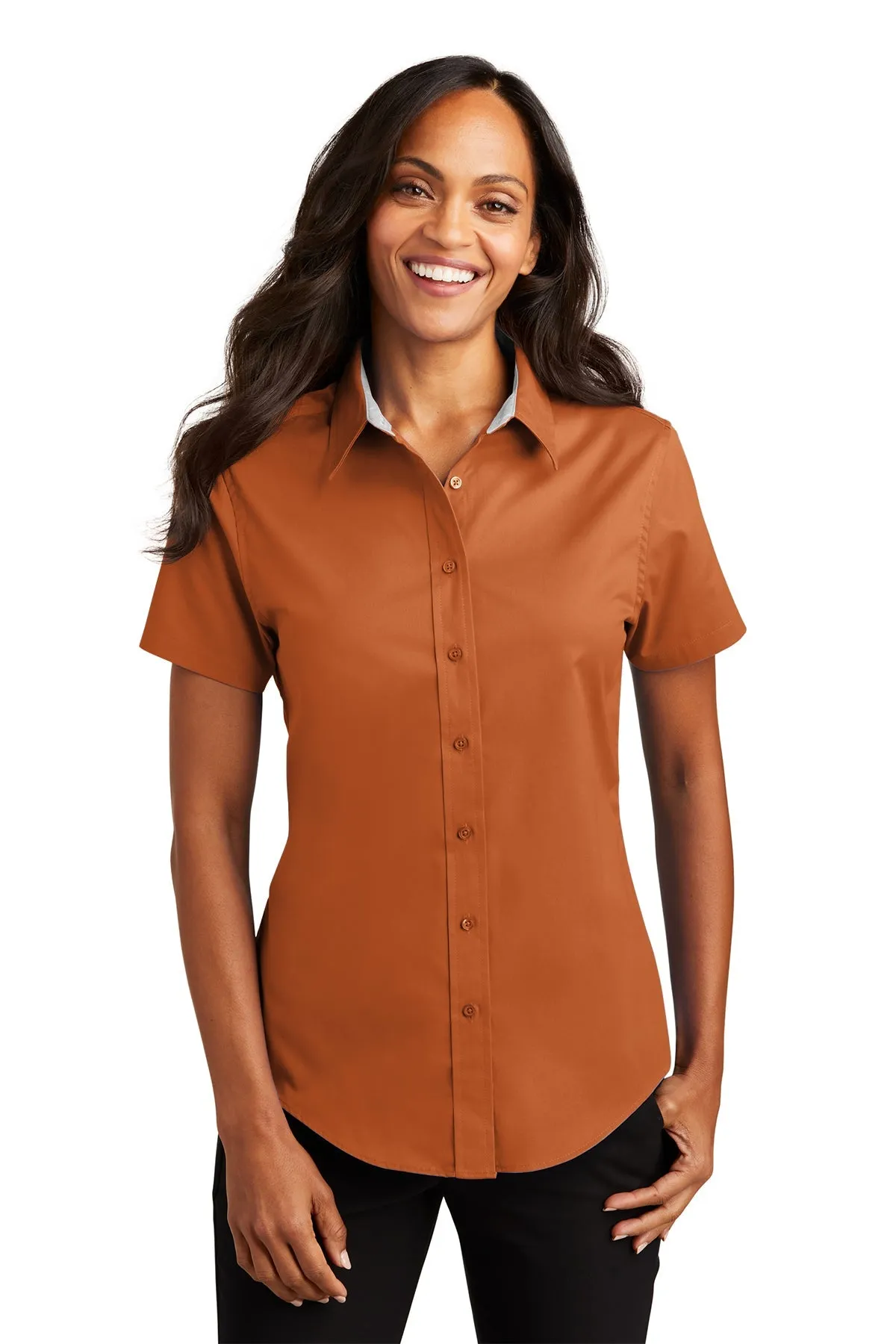 Port Authority Ladies Short Sleeve Easy Care Branded Shirts, Texas Orange/Light Stone