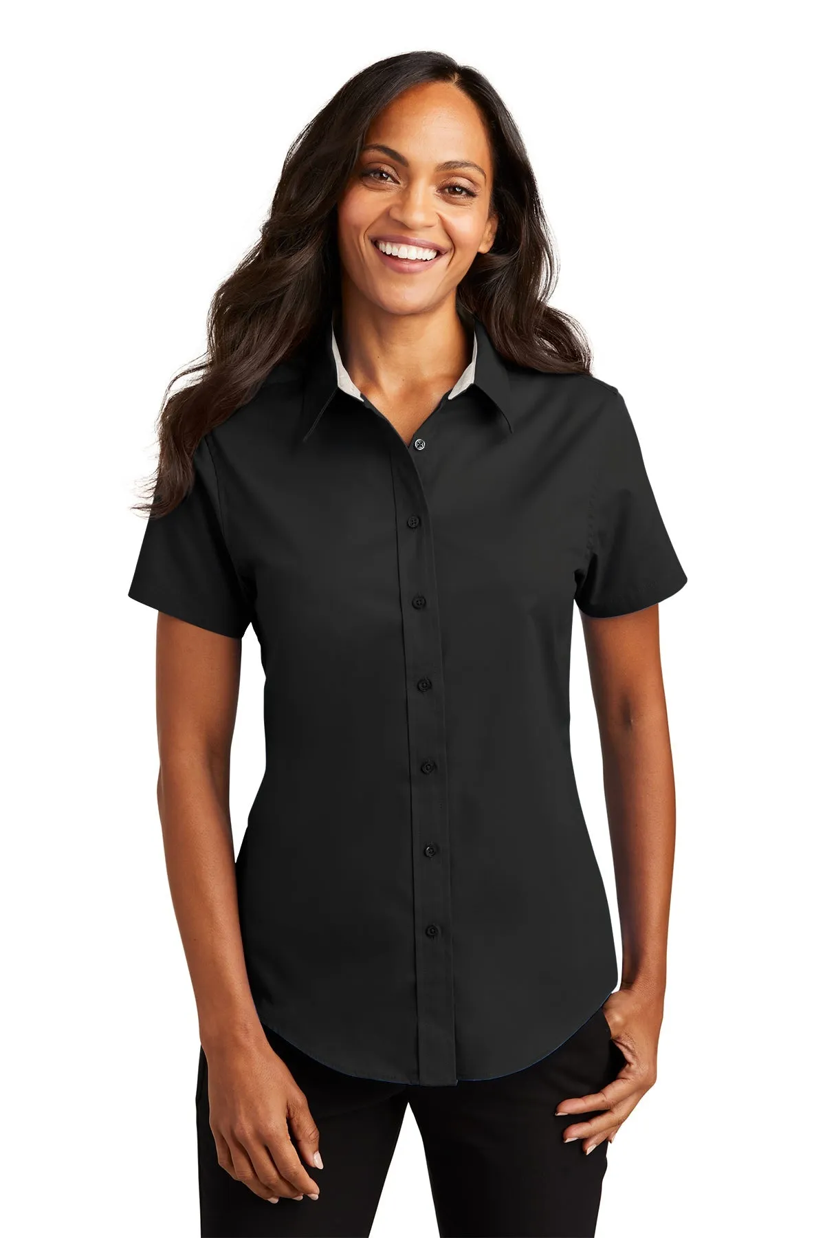 Port Authority Ladies Short Sleeve Easy Care Custom Shirts, Black/Light Stone