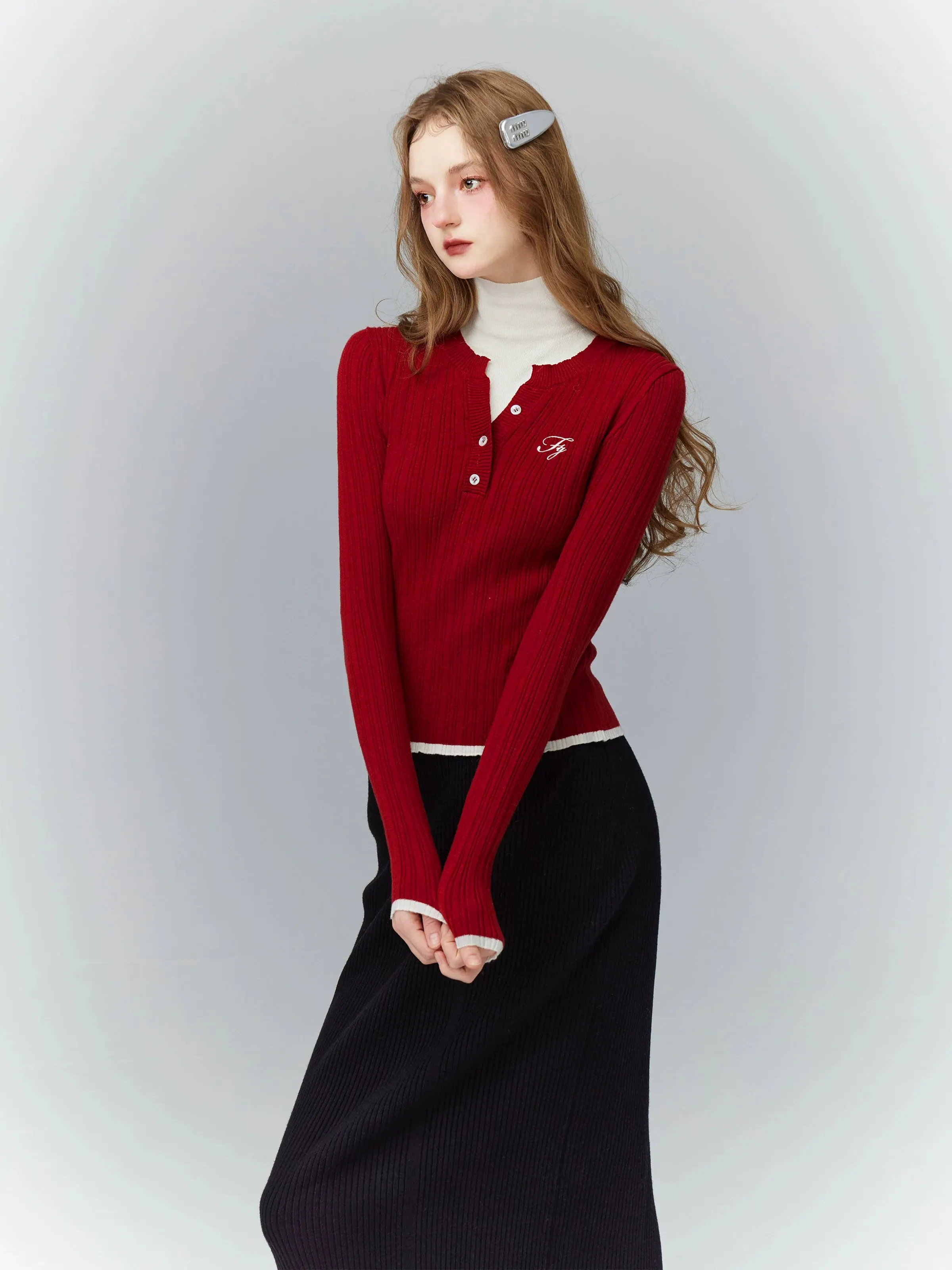 Ribbed Henley Crop Top - Long Sleeve Fitted Tee in Black and Red