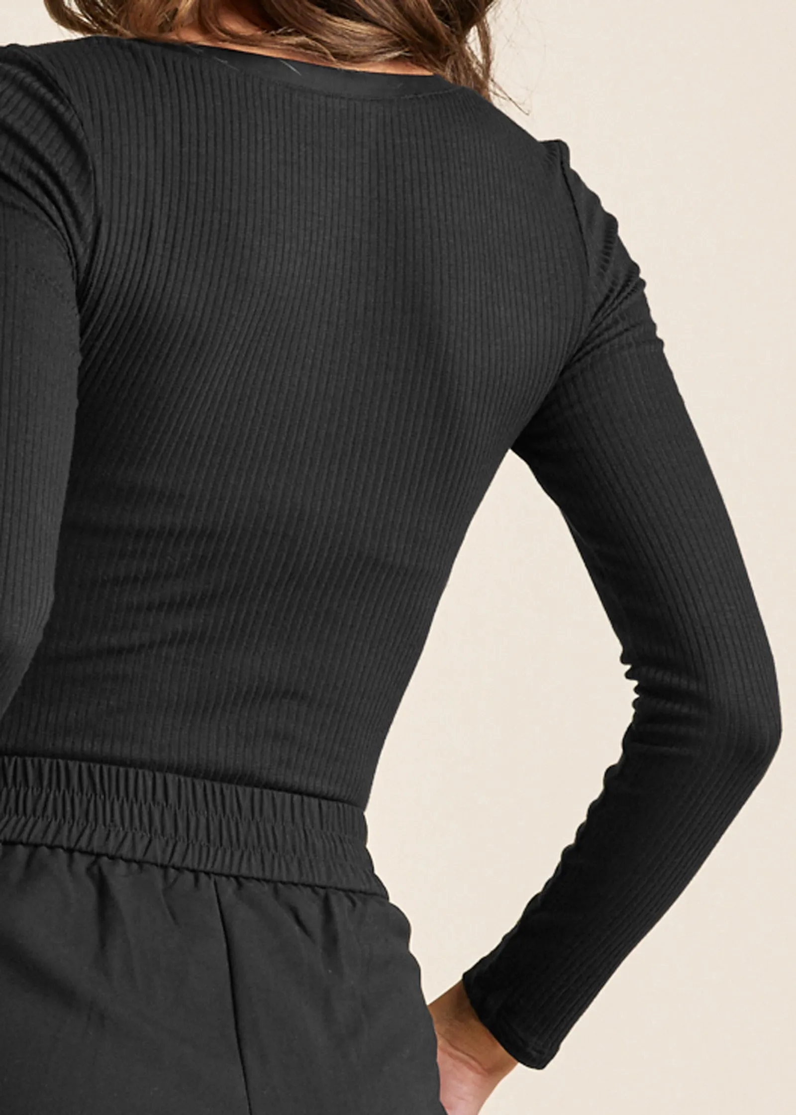 Ribbed Henley Top - Black