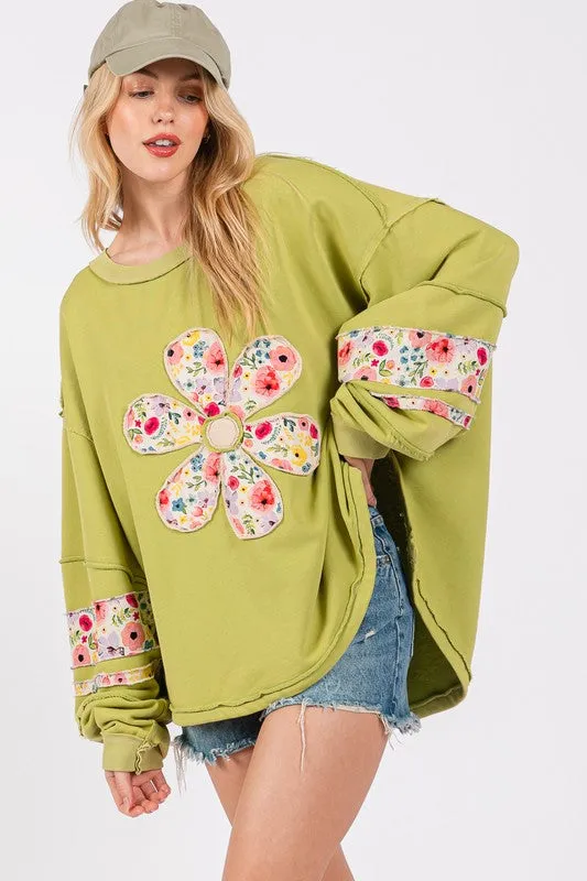 SAGE   FIG Daisy Patch Applique Long Sleeve Sweatshirt