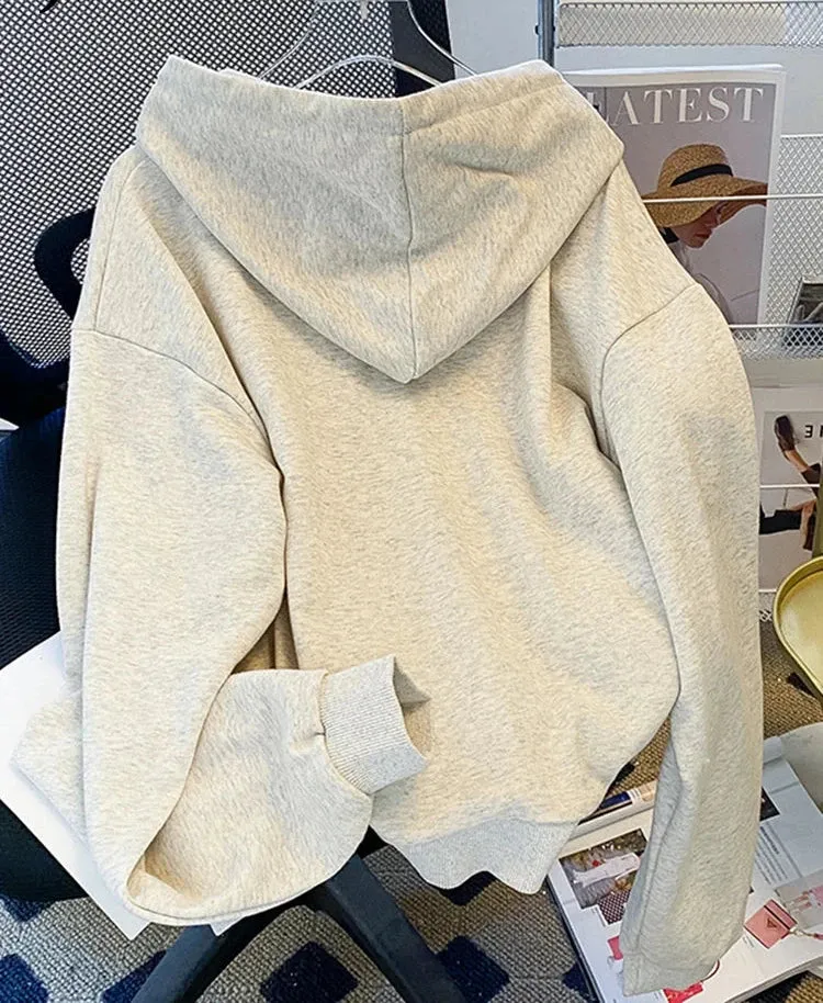 Solid Color Single-breasted Loose Hoodies Women Sportswear Female Light Gray Sweatshirt Hooded Casual Korean Top M-XL