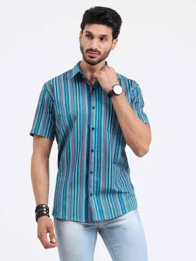 Stripe Multi Navy Turquoise Printed Half Sleeve Shirt