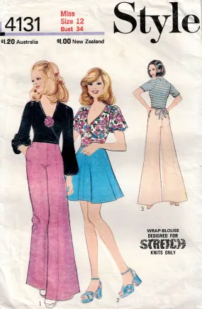 Style 4131 Womens Stretch Wrap Top Skirt & Very Wide Leg Palazzo Pants 1970s Vintage Sewing Pattern Size 12 Bust 34 Inches