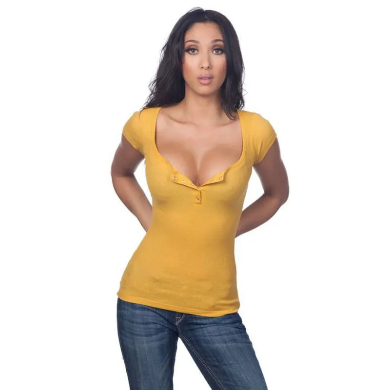 Summer Sexy Dark V Neck Women T Shirt Short Sleeve Top Tees Women Button Tops Blusas Femininas Plus Size Hot!