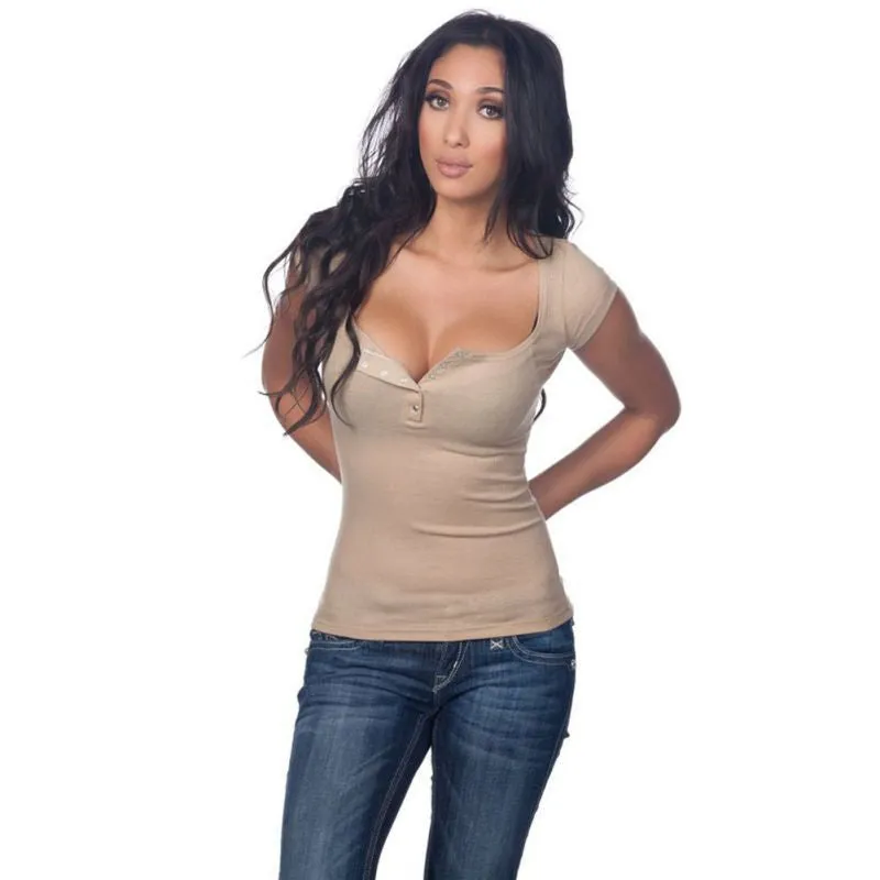 Summer Sexy Dark V Neck Women T Shirt Short Sleeve Top Tees Women Button Tops Blusas Femininas Plus Size Hot!