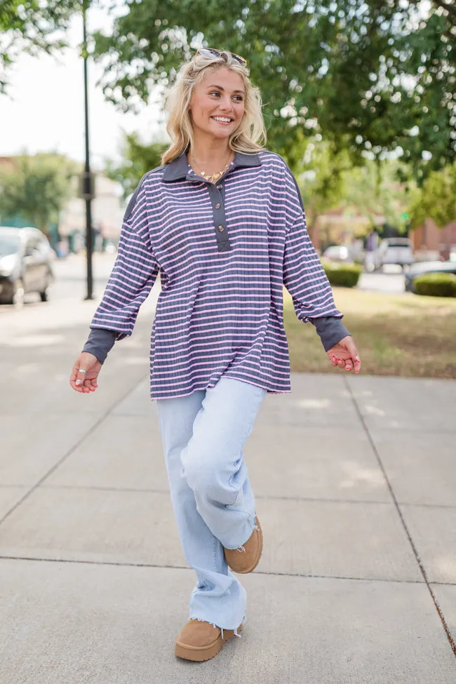 This Is The Life Navy and Pink Striped Collared Henley Oversized Knit Top