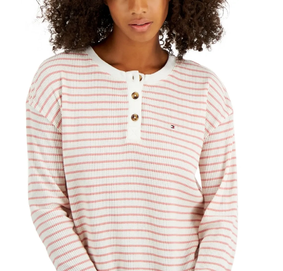 Tommy Hilfiger Women's Long Sleeve Striped Boxy Henley Top White Size Medium