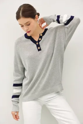 TREE STRIPED LONG SLEEVE WAFFLE KNIT HENLEY SWEATER