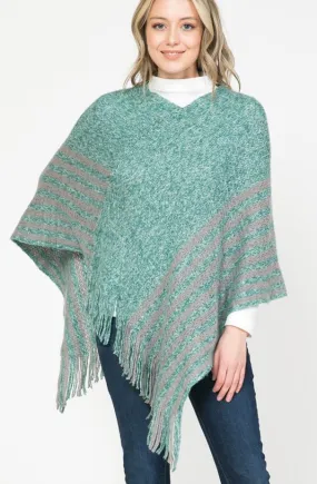 Turquoise Marl Striped Fringed Poncho