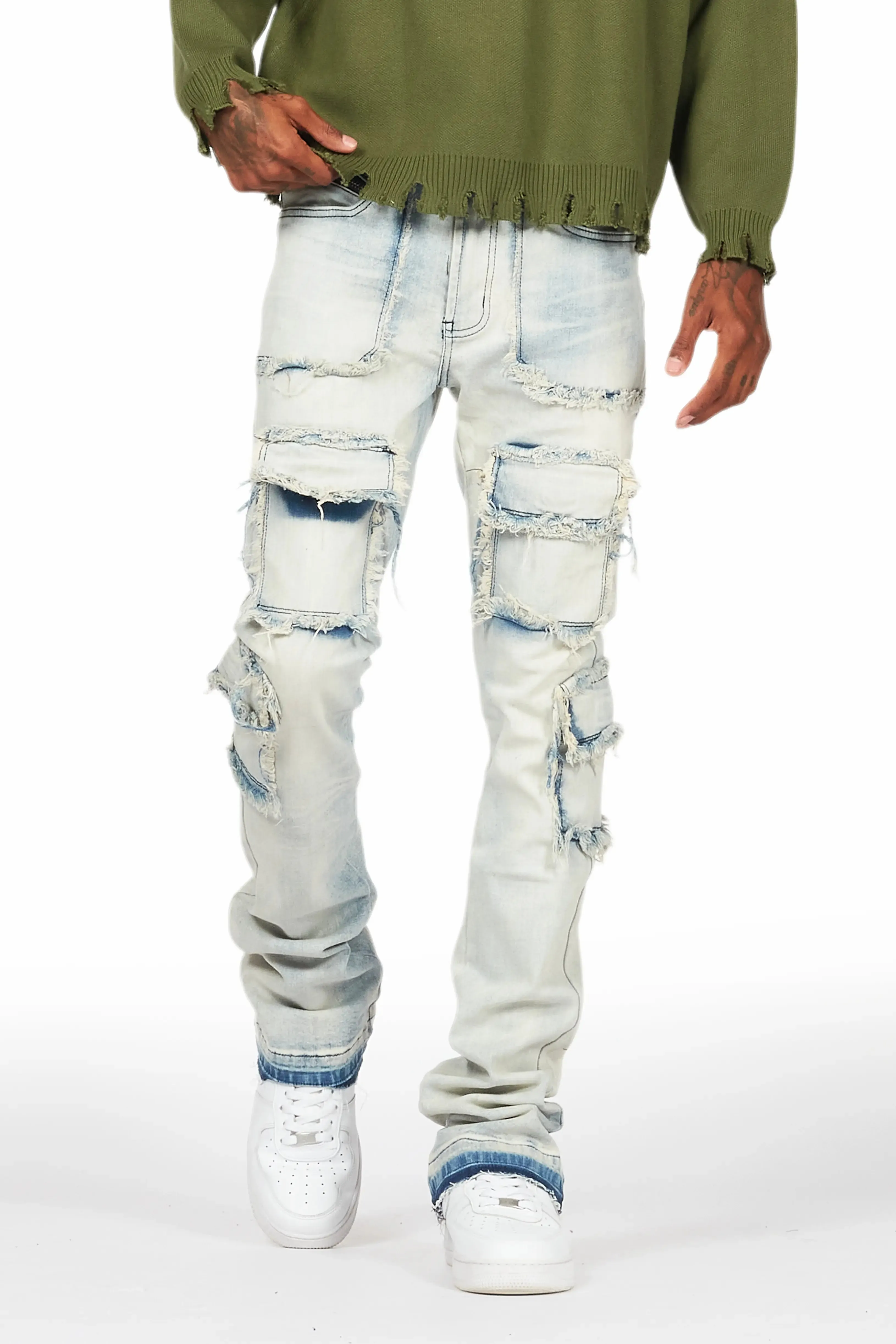 Tyrell Blue Stacked Flare Cargo Jean