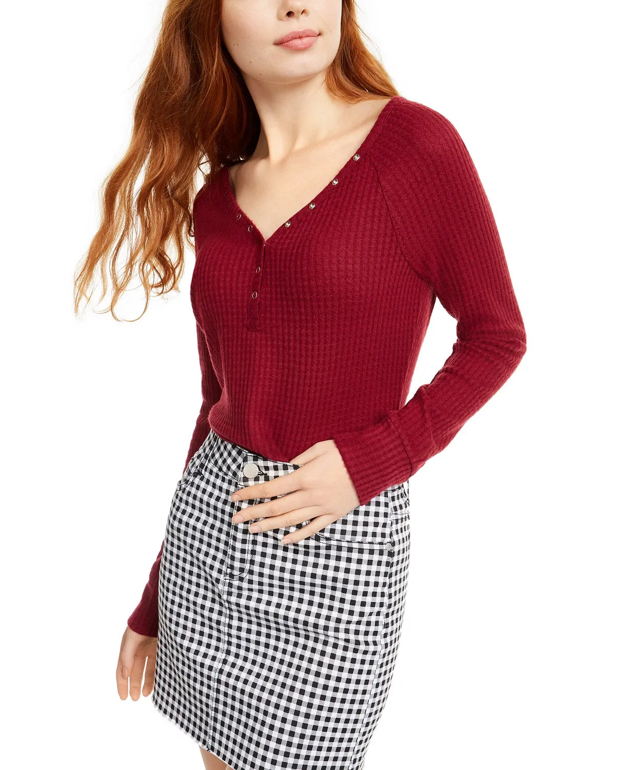 Ultra Flirt Juniors' Cozy Waffle-Knit Henley Top Red Size Extra Small