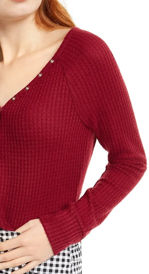 Ultra Flirt Juniors' Cozy Waffle-Knit Henley Top Red Size Extra Small