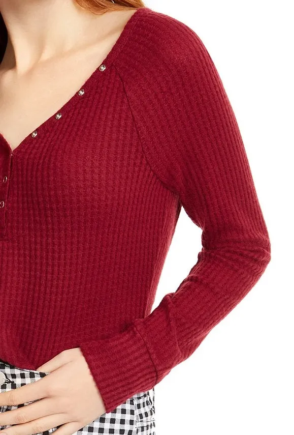 Ultra Flirt Juniors' Cozy Waffle-Knit Henley Top Red Size Small