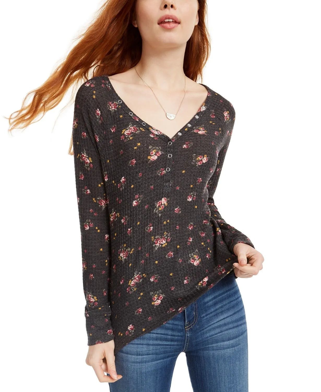 Ultra Flirt Juniors' Floral Print Waffle Texture Henley Top Black Size Extra Large