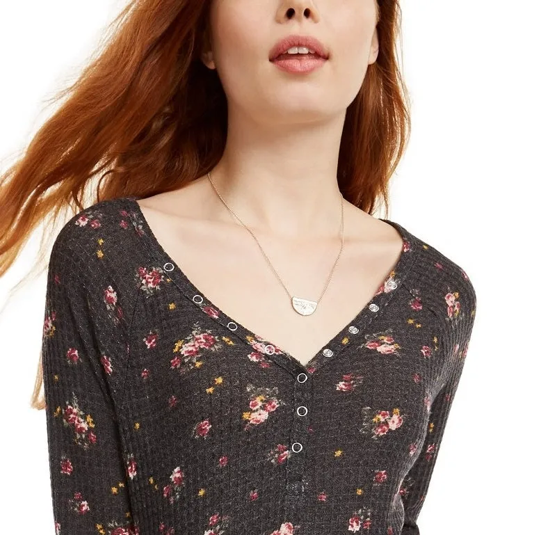 Ultra Flirt Juniors' Floral Print Waffle Texture Henley Top Black Size Extra Large