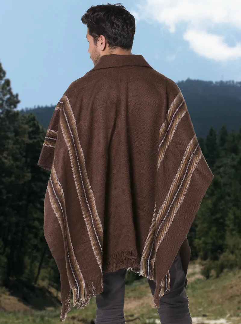 V-Neck Brown Alpaca Poncho for Men