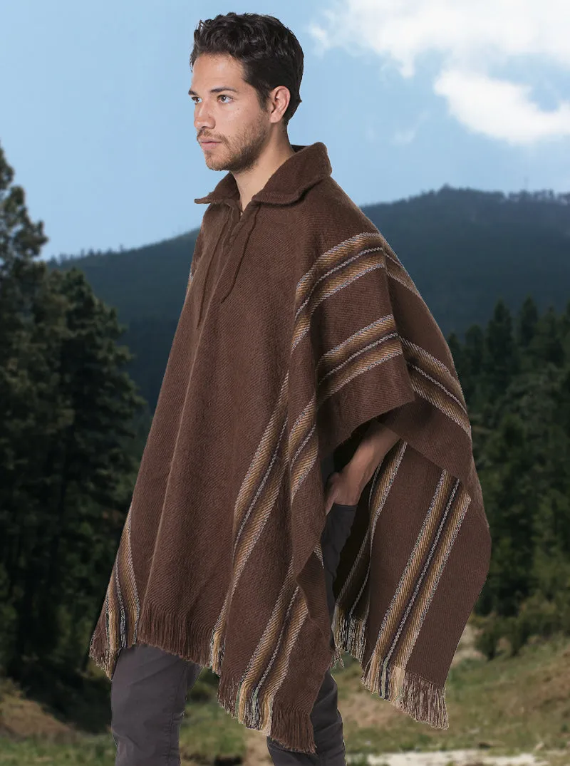 V-Neck Brown Alpaca Poncho for Men