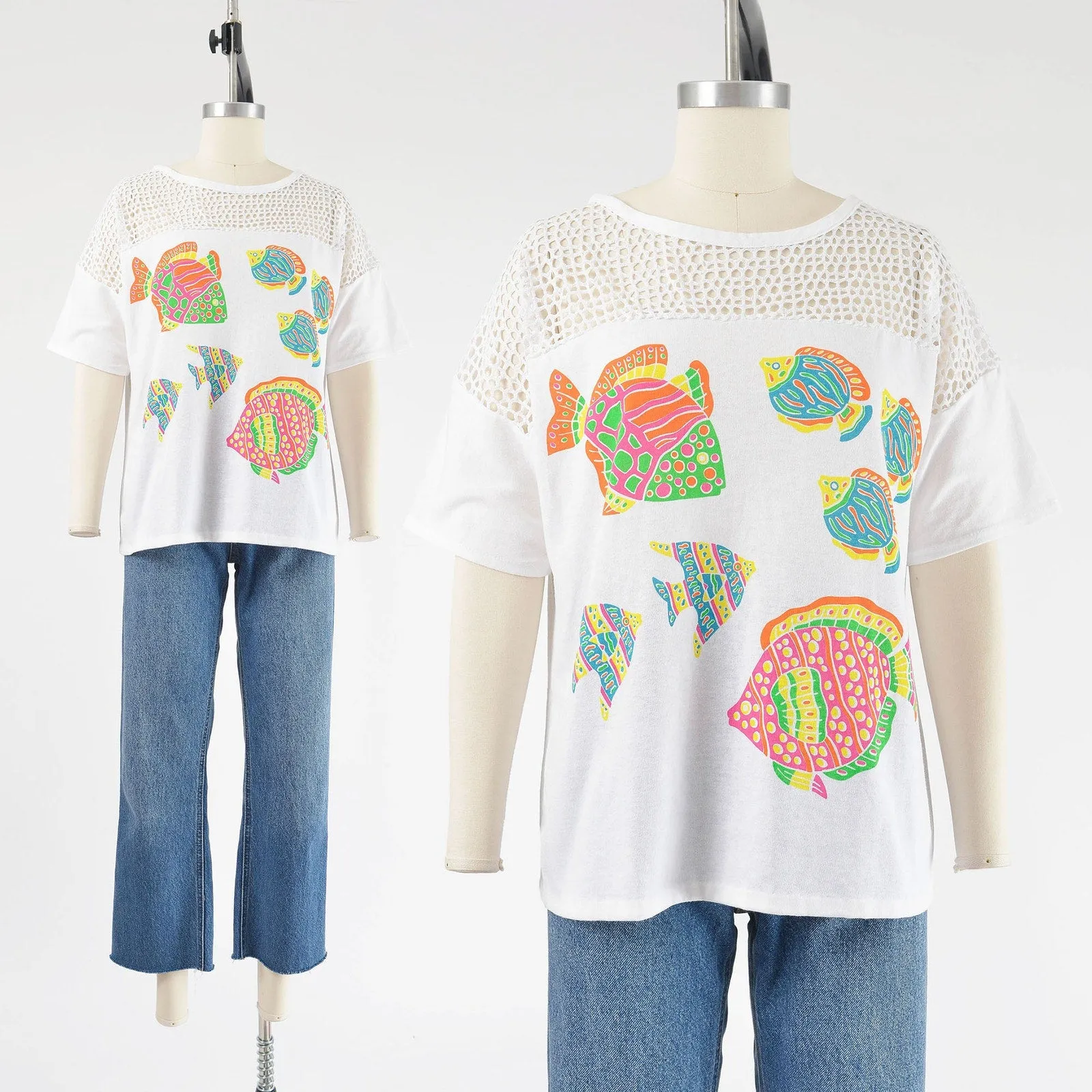 Vintage 80s White Tropical Fish Print T-shirt Sheer Fishnet Sea Beach Shirt size M