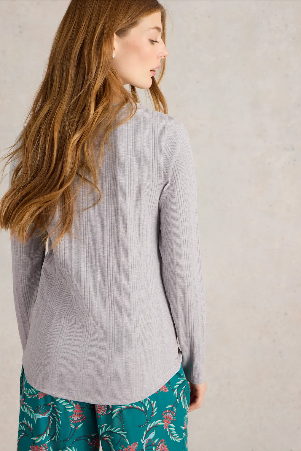 White Stuff Hailey Rib Henley Jersey Grey Marl Top