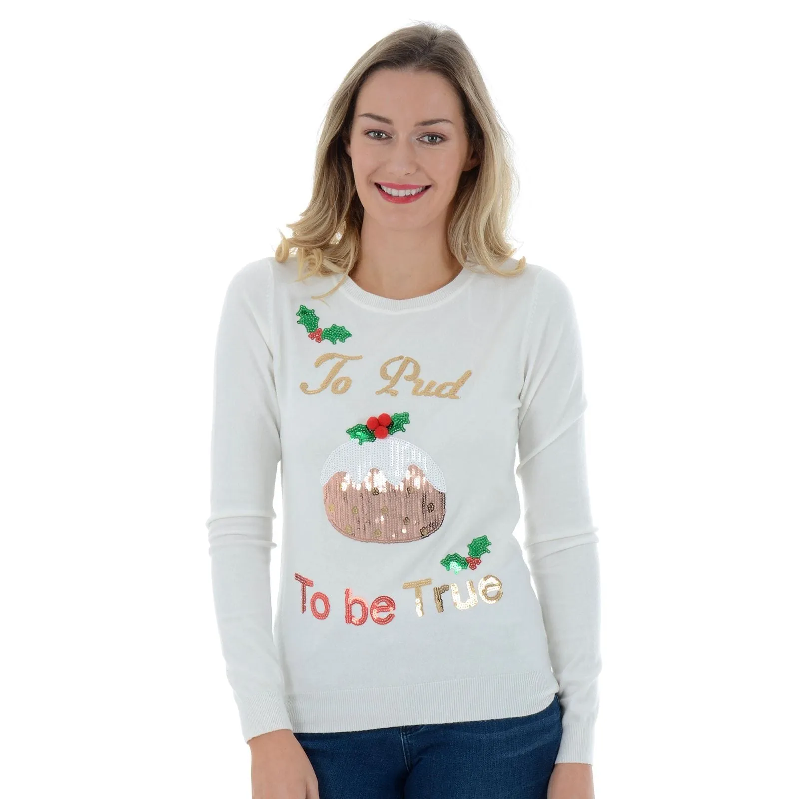 Womens Novelty Sequin To Pud To Be True Christmas Jumper