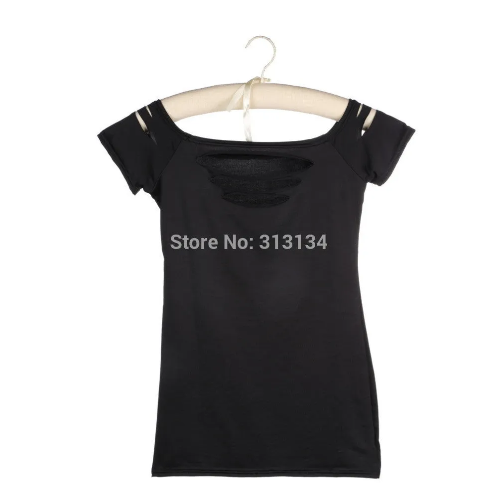 womens tops fashion 2015 Ladies Womans Sexy Ripped,Slashed Black Tight T Shirt,Top Clubwear Cut out Tee Club Goth Punk Rave