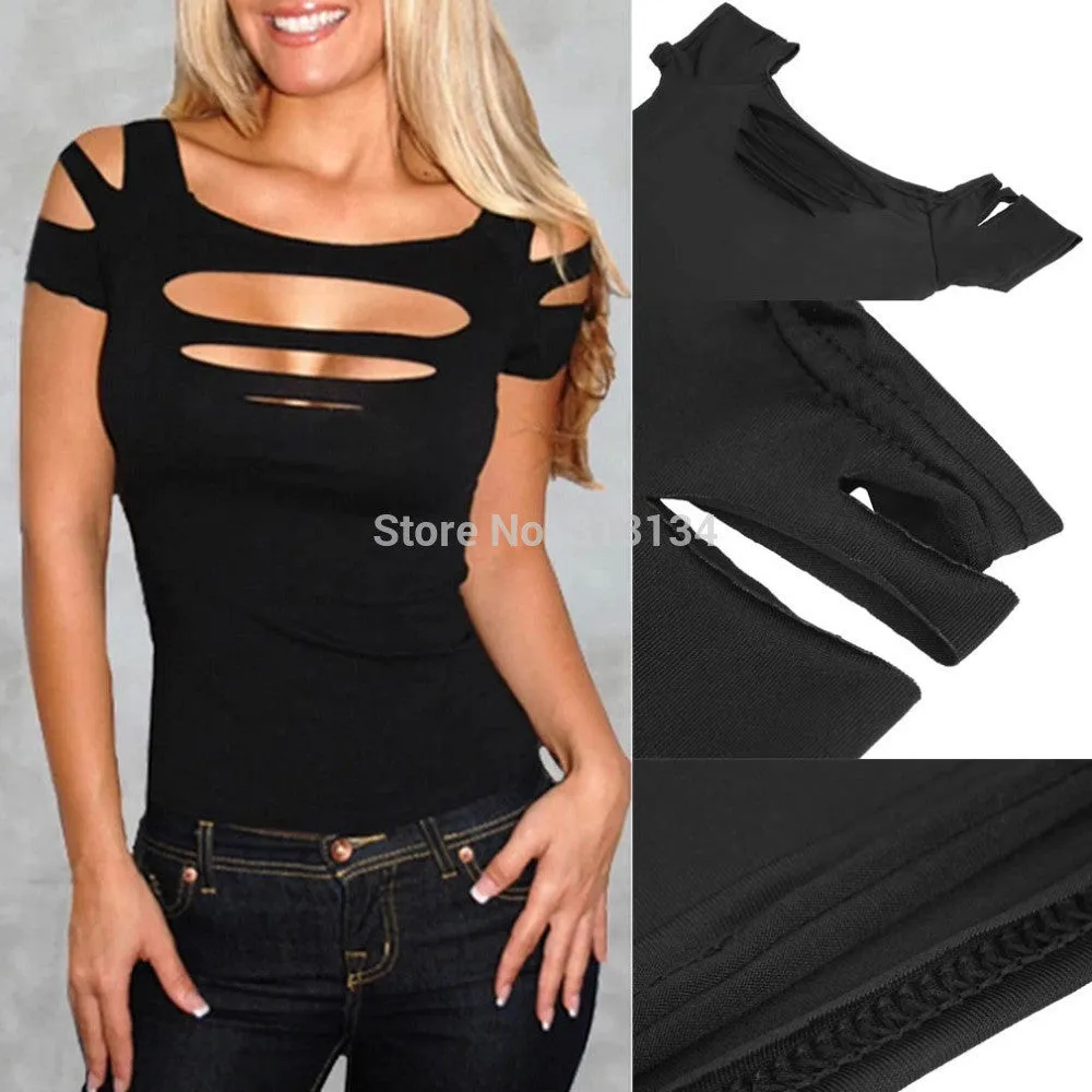 womens tops fashion 2015 Ladies Womans Sexy Ripped,Slashed Black Tight T Shirt,Top Clubwear Cut out Tee Club Goth Punk Rave