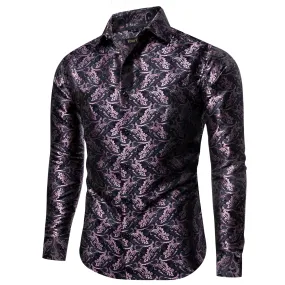 YourTies Black Long Sleeve Top Pink Jacquard Floral Men's Dress Shirt