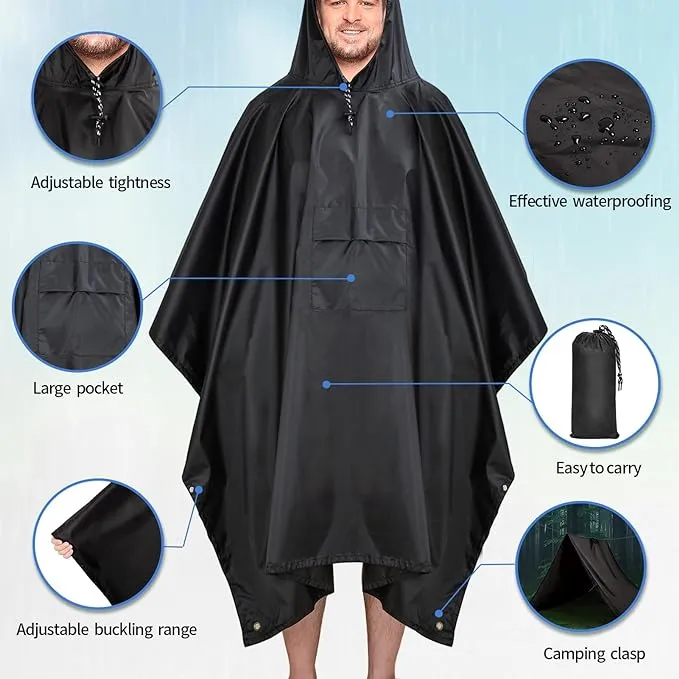 ZONGHUN Rain Poncho Adult Waterproof Raincoat Reusable Emergency Poncho for Men Women with Hood for Hiking, Camping, Outdoor Activities Black